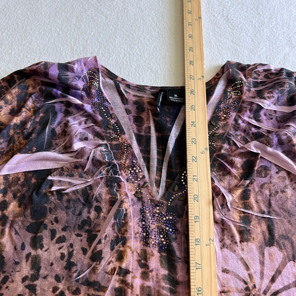 New Directions Top Womens XL Purple Animal Floral Rhinestone Blouse MA1808L41I - Picture 7 of 9